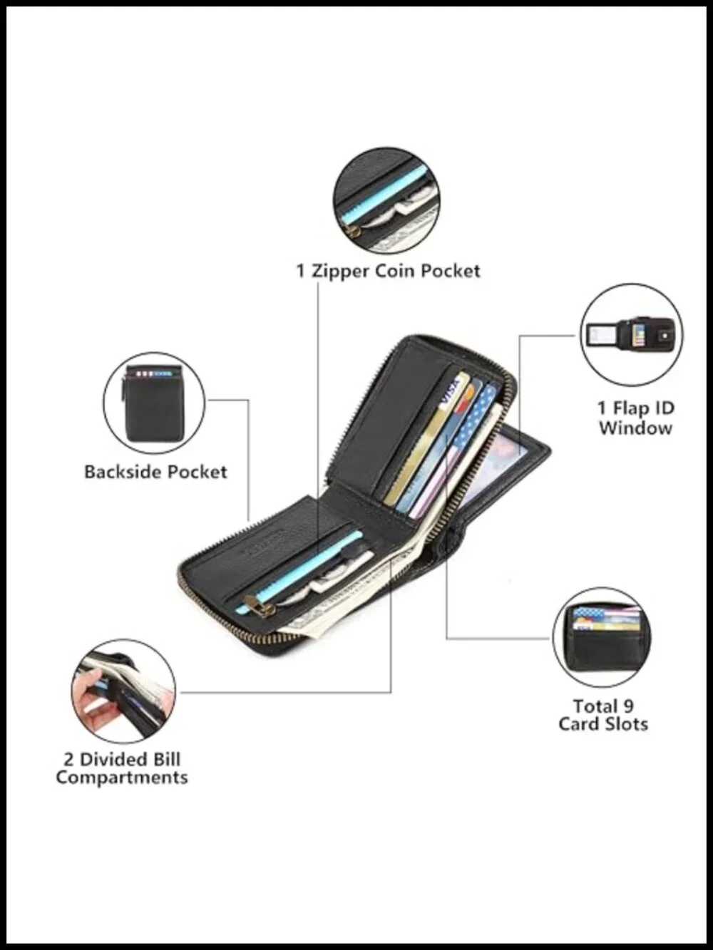 Men's RFID Blocking Leather Chain Wallet with Zipper Coin Pocket Bifold